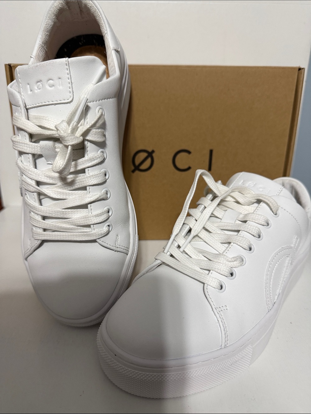 LOCI White Leather Platform Sneakers - Embossed Logo